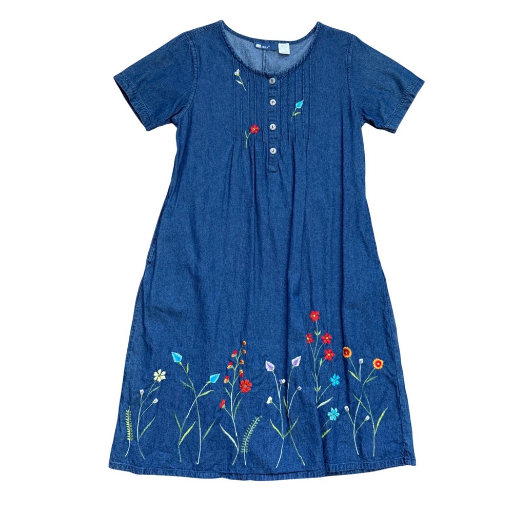 Vintage Denim Floral Embroidered Dress Small Cottage Prairie Blue Cotton Western